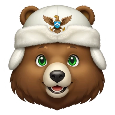 Endearing brown bear head with cute smile and bright green eyes, wearing white ushanka hat with detailed Russian eagle emblem in middle, iOS emoji style sticker
