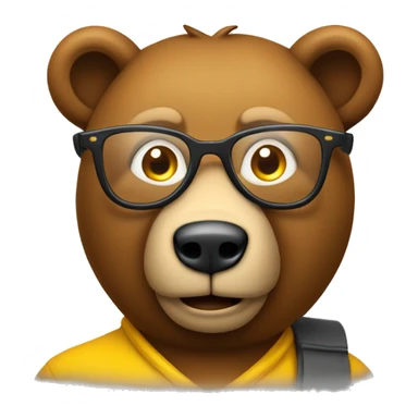 Apple emoji style brown bear animal as a university professor, wearing clear yellow plastic thick-rimmed glasses sticker