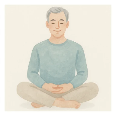 gray haired 50-year old white man peacefully meditating, smiling, back straight, legs crossed, hands in his lap, serene, calm, mindfulness, manifesting, soft watercolor style sticker