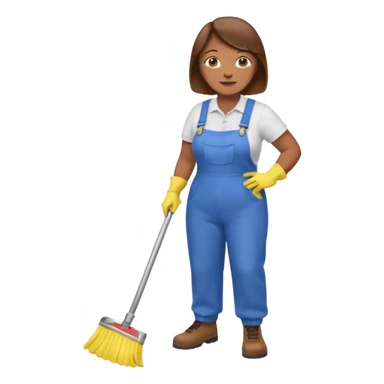 old and fat women, brown hair, Custodian with yellow rubber gloves, white T-shirt, blue overalls, mopping floor sticker