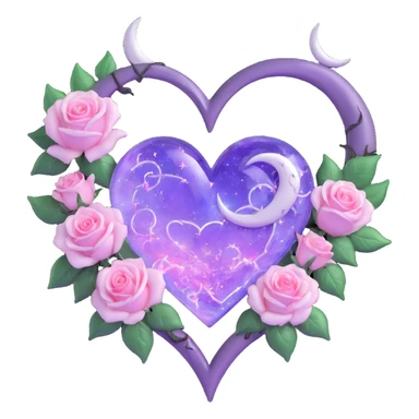 gothic heart made of pastel lilac glass, silver crescent moon, glowing white roses, holographic stardust, neon pink lightning, drenched and splintered glass sticker