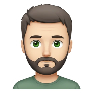 white man with dark messy short hair, dark green eyes, gray t-shirt, and short beard sticker