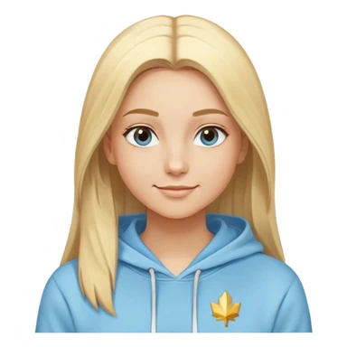 Woman with blonde straight hair and side part, serene smile, dreamy eyes, wearing a light blue fantasy-sporty hoodie with golden and white details sticker