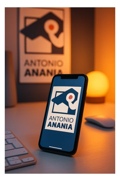 A photo of an iPhone on the desk with the logo of "Antonio Anania" on its screen, The phone sits atop a desk with a blurred with the logo in the background that suggests work environment. A faint glow from above casts gentle shadows across the surface of each object, creating depth and highlighting their textures sticker