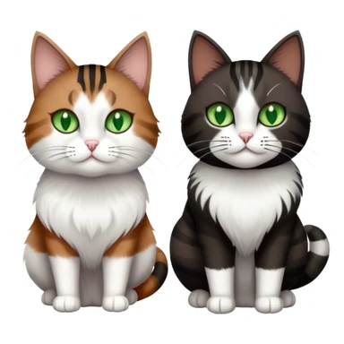 Grey and white cat next to a brown and black striped with white fluffy fur cat. Both cats have green eyes. The brown, black, and white one is bigger than the grey one. Make them look majestic  sticker