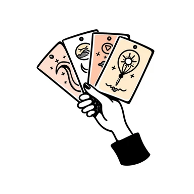 a hand holding a fan of mystical tarot cards with celestial symbols, pastel colors dd9fb0, ffc6d3, a3bfc9, c4bee2, f1b091, detailed hand-drawn doodle style sticker