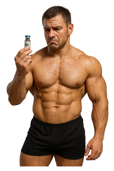 BODYBUILDER A FIGURA INTERA CHE TIENE IN MANO UNA FIALA MEDICA CON la scritta "BPC 157" SULL'ETICHETTA E LA GUARDA DUBBIOSO, iperrealistico 4k sticker