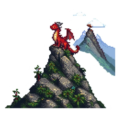 pixel art dragon perched on a mountain, RPG style, soft lighting, retro game aesthetic sticker