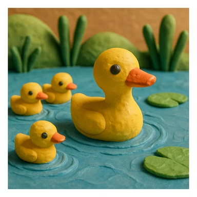 duck family swimming in a pond, vibrant colors, soft lighting, textured look, claymation style sticker