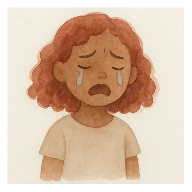 menina parda, cabelo cacheado avermelhado até os ombros, chorando, estilo aquarela suave sticker