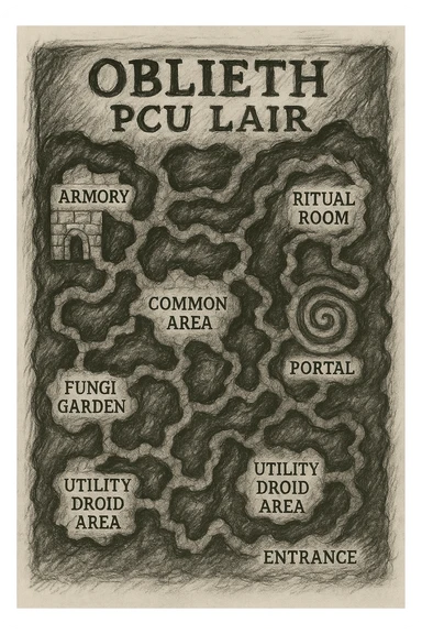 a hand drawn map of how to navigate the Oblieth cave system to find the PCU Lair sticker