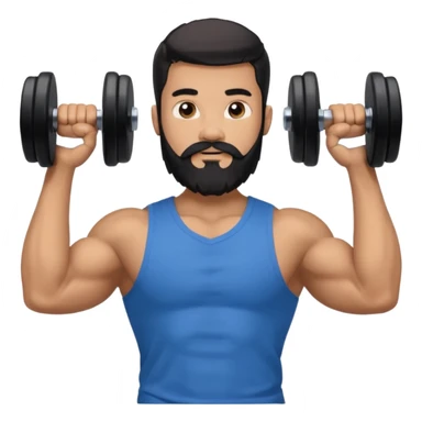 generate an ios genmoji of a 20 year old tan boy with long long long black beard that reaches his chest. Big biceps. wearing a blue shirt that fits his arms and carrying a dumbbel sticker
