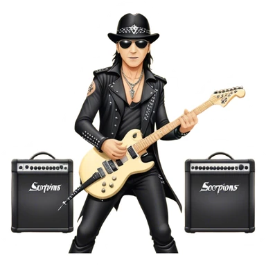 Icon for Rock Music: Klaus Meine performing with Scorpions on stage, with electric guitars and powerful stage presence. The vibe should capture the energetic and iconic sound of Scorpions, with vibrant lighting and a stadium atmosphere. Transparent background. sticker