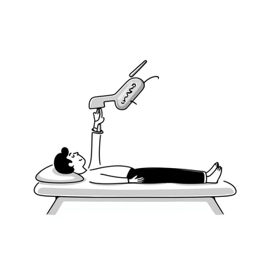 Detailed illustration of DEXA scan procedure with male patient lying on table, bone density measurement machine with scanning arm positioned over patient's body sticker