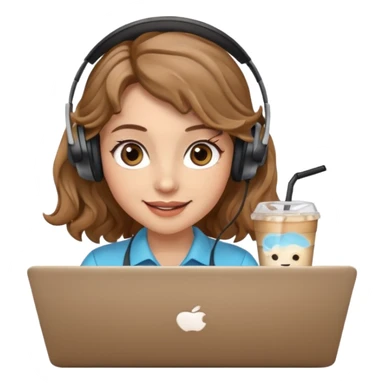 Women in front of laptop with a happy face, light brown wavy hair, light brown big eyes, light skin with a iced coffee on the side sticker