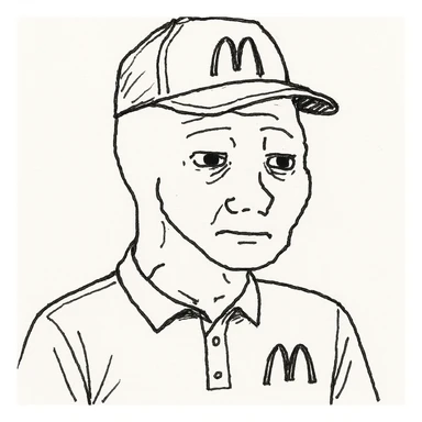 wojak meme style illustration of a McDonald's worker, wearing a McDonald's uniform and hat, simple background sticker