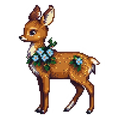 Pixel art Bambi, side view, with small flowers around sticker