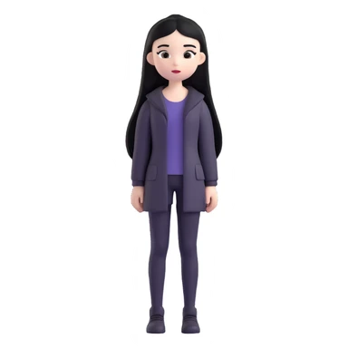 full body emoji of a girl with pale skin, long straight black hair, dressed in all black, standing still, simple background sticker