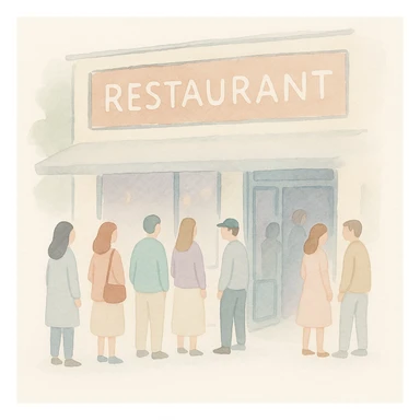 soft watercolor illustration in a minimalist, modern style, crowded popular restaurant exterior with people waiting in line, prominent sign, pastel colors, delicate linework, gentle whimsical mood, minimal soft shading sticker
