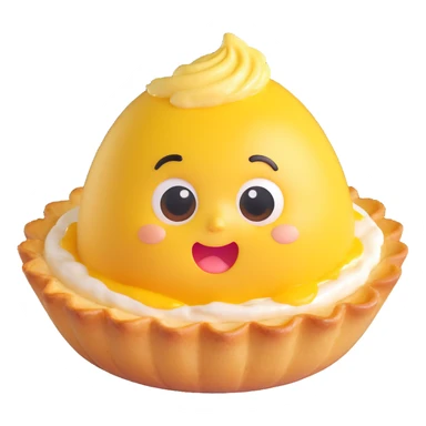 cute 3D egg tart with golden shell, jiggly custard face, big watery eyes, expressive mouth, pastel colors, chubby cheeks, exaggerated emotion, soft lighting, glossy look, kawaii style sticker