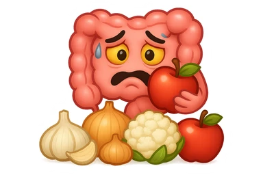 EMOJI STILE IPHONE DI UN INTESTINO UMANO IN CRISI PERCHé STA MALE, IN BOCCA HA UNA MELA E DAVANTI A LUI C'è UNA MONTAGNA DI aglio, cipolle, cavolfiore e mele sticker