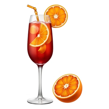 A tall elegant wine glass filled with bright red Campari spritz, with bubbles, an orange slice, and a curled orange peel garnish. sticker