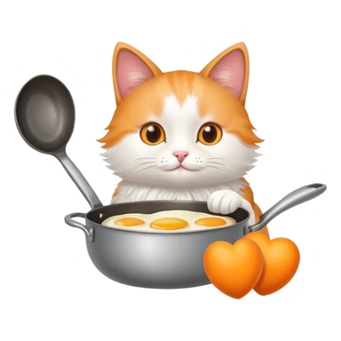 a cat holding a cooking pan with double heart-shaped egg sticker