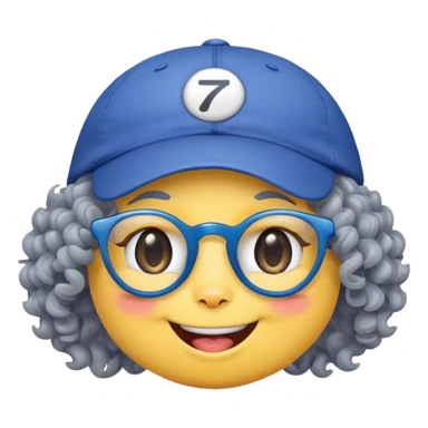 yellow female smiley face emoji, big smile, winking, wearing a backwards blue ball cap, grey curly hair, cat eye glasses, no eye colo sticker