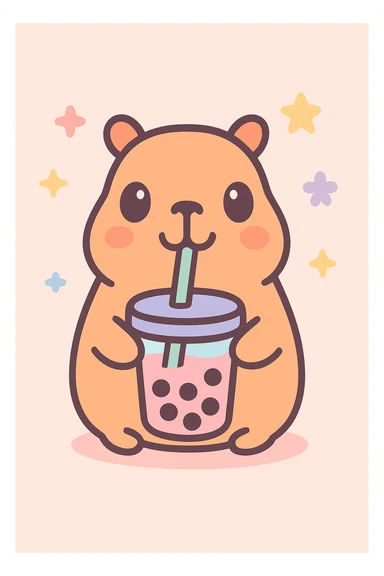 a fun and cute capybara drinking boba tea, playful and charming, adorable and friendly, with a straw and tapioca pearls visible sticker