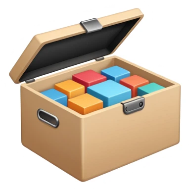 Minimalistic flat vector icon, iOS style, thin black contour on white background. Open box with neatly arranged objects inside. No text, no shadows.
 sticker