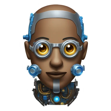 Brown shaved cyborg head with blue beard, silver steampunk monocle goggles and circuits sticker
