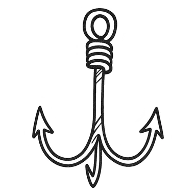 a grappling hook, hand drawn black outline, no fill, simple, icon style sticker