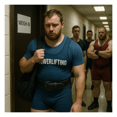 realistic European powerlifter in competition clothing, leaving weigh-in room with bag on shoulder, sad look, other athletes watching, atmosphere of exclusion, detailed, corridor or competition area background sticker