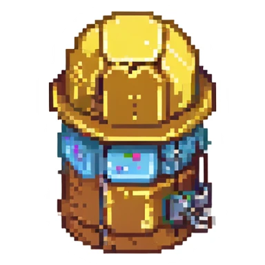 a can wearing a construction hat, pixel art style sticker