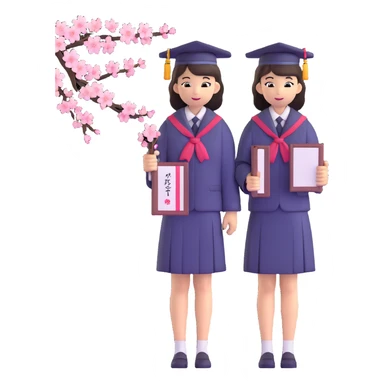 Japanese female high school graduate in school uniform with cherry blossoms and diploma sticker
