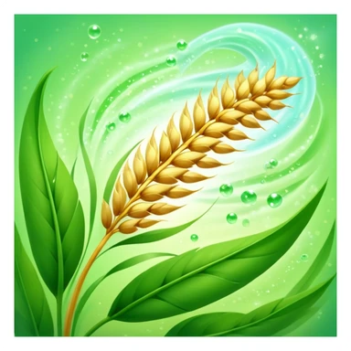 Golden wheat ear floating among green leaves and bright particles, spinning around an ethereal digestive system with soft light texture, while subtle cleansing waves pass through the air like a purifying spell sticker