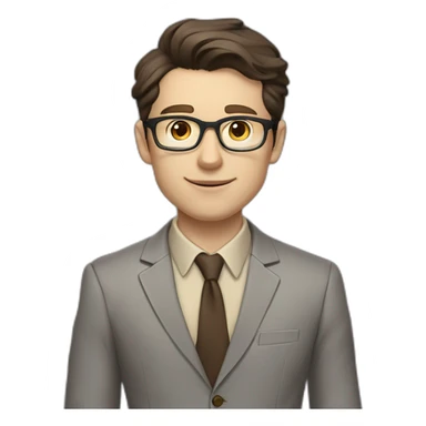 Pale skinned fit man with dark brown hair in gray jacket, beige office shirt, brown tie, brown pants and vintage glasses Writing on the tablet sticker