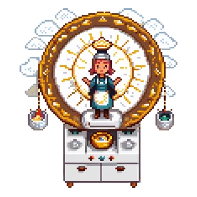 A divine baker surrounded by floating utensils, radiant ingredients, and a halo of light. The oven levitates, powered by pure energy. UI resembles clouds, golden rays, and ethereal scrolls—like a heavenly recipe interface. sticker