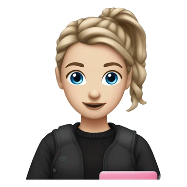 caucasian white IT girl student, holding pink laptop, blue eyes, brown hair ponytail wearing a thick black sweater sticker