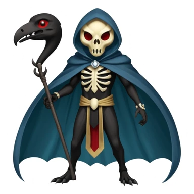 Shiny Dark Edgy  Duskull-Salandit-Inteleon-Fakémon-hybrid-creature (full body) with a bird-skull-mask and a cloak-cape sticker