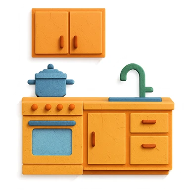 kitchen room with stove, cabinets, and sink in paper craft style sticker