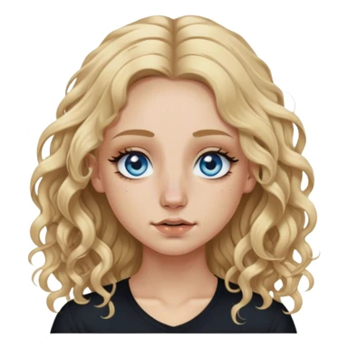 blonde polish girl, long and curly dirty blonde hair in a middle part, long eyelashes, blue eyes, black shirt, nose piercing on both sides  sticker