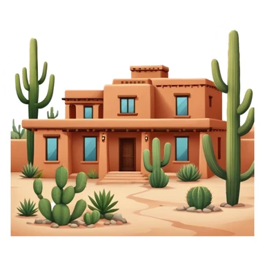 Tucson style house with adobe walls, flat roof, southwestern architecture, desert landscaping, cactus sticker