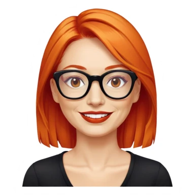 nữ 40 tuổi, da trắng,môi đỏ thẫm, tóc búi gọn gàng màu cam, đeo kính đen, mặt cười tươi, hơi có nếp nhăn, áo đen sticker