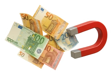 banconote di euro fluttuano vicino ad una calamita rossa, sono attratte, iperrealistico 4k sticker