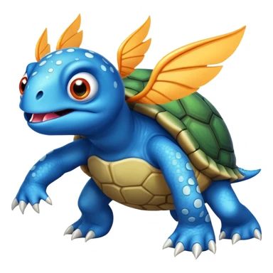 A blue creature with fangs, alien googly eyes, claws, wings, with white dots, and a turtle shell. it looks strong. fire breathing sticker