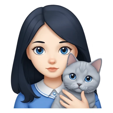 A girl with long black hair is holding a blue and white British shorthair sticker