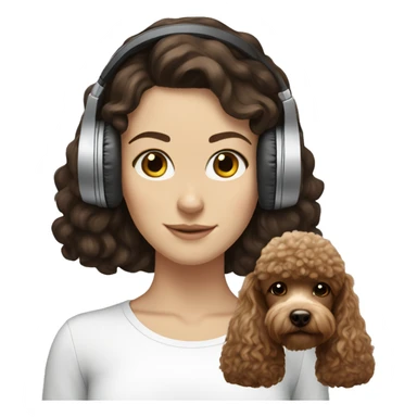 White girl, dark hair in headphones with brown poodle sticker