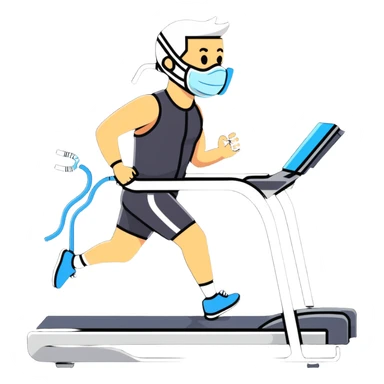 Runner on treadmill wearing oxygen consumption mask with tubes and sensors, VO2 max test in progress sticker