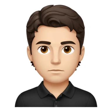 He’s a man with light to medium skin, a defined oval face, full brows, deep-set eyes, and wavy short dark brown tall hair styled with height, sides are trimmed. muscular. expression calm and focused relaxed black polo shirt. polished, articulate, and coach vibe. tall hair.  sticker